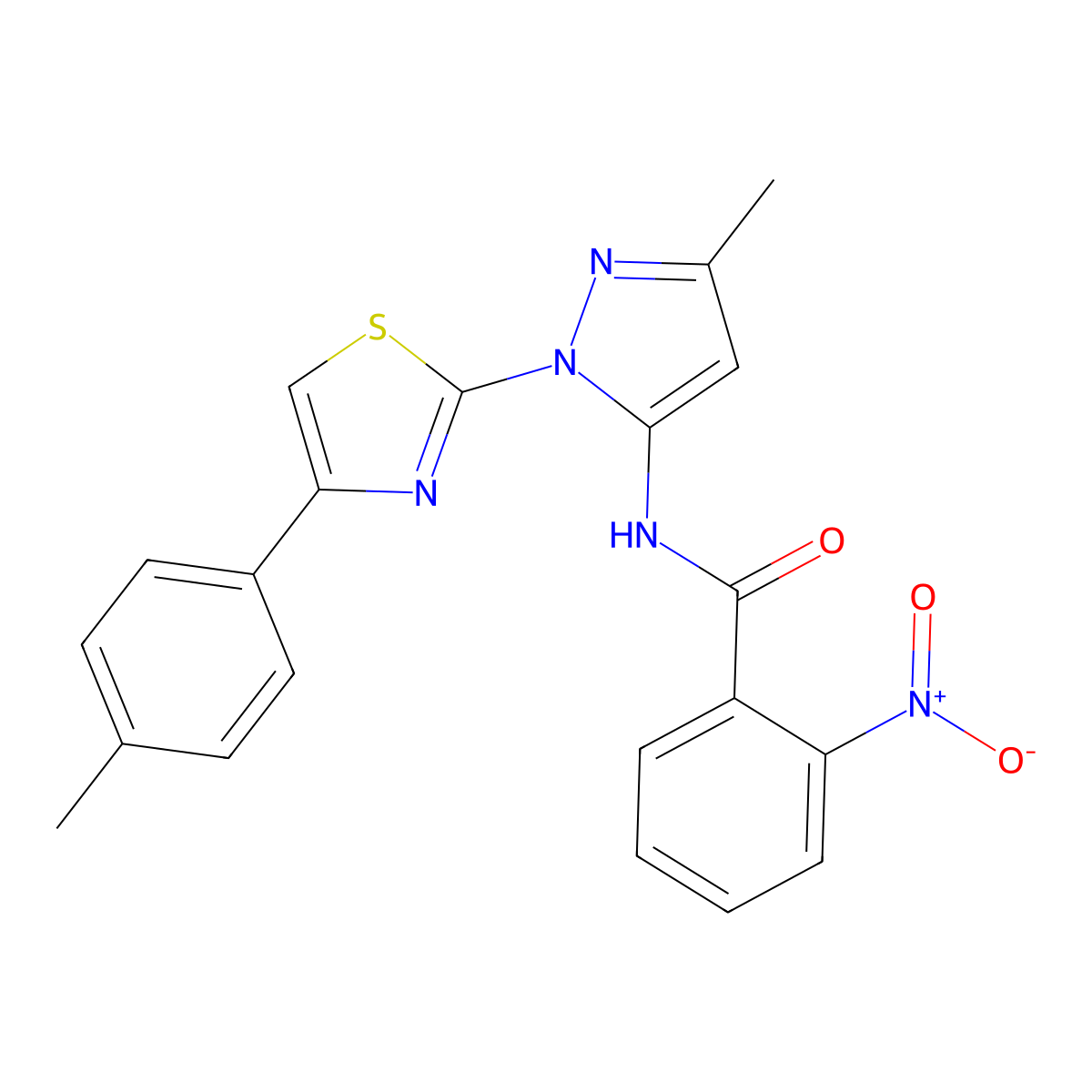 N-(3-methyl-1-(4-(p-tolyl)thiazol-2-yl)-1H-pyrazol-5-yl)-2-nitrobenzamide molecular structure, CAS 1019102-20-5