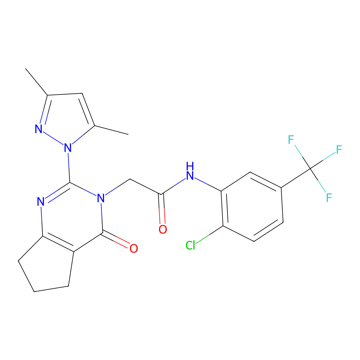 N-(2-chloro-5-(trifluoromethyl)phenyl)-2-(2-(3,5-dimethyl-1H-pyrazol-1-yl)-4-oxo-4,5,6,7-tetrahydro-3H-cyclopenta[d]pyrimidin-3-yl)acetamide molecular structure, CAS 1019102-22-7