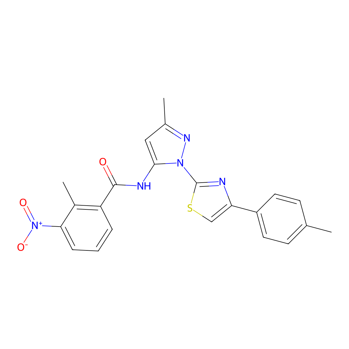 2-methyl-N-(3-methyl-1-(4-(p-tolyl)thiazol-2-yl)-1H-pyrazol-5-yl)-3-nitrobenzamide molecular structure, CAS 1019102-23-8