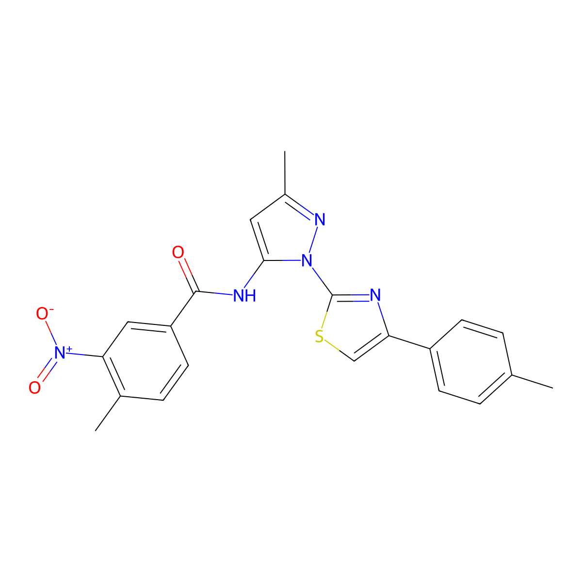 4-methyl-N-(3-methyl-1-(4-(p-tolyl)thiazol-2-yl)-1H-pyrazol-5-yl)-3-nitrobenzamide molecular structure, CAS 1019102-25-0