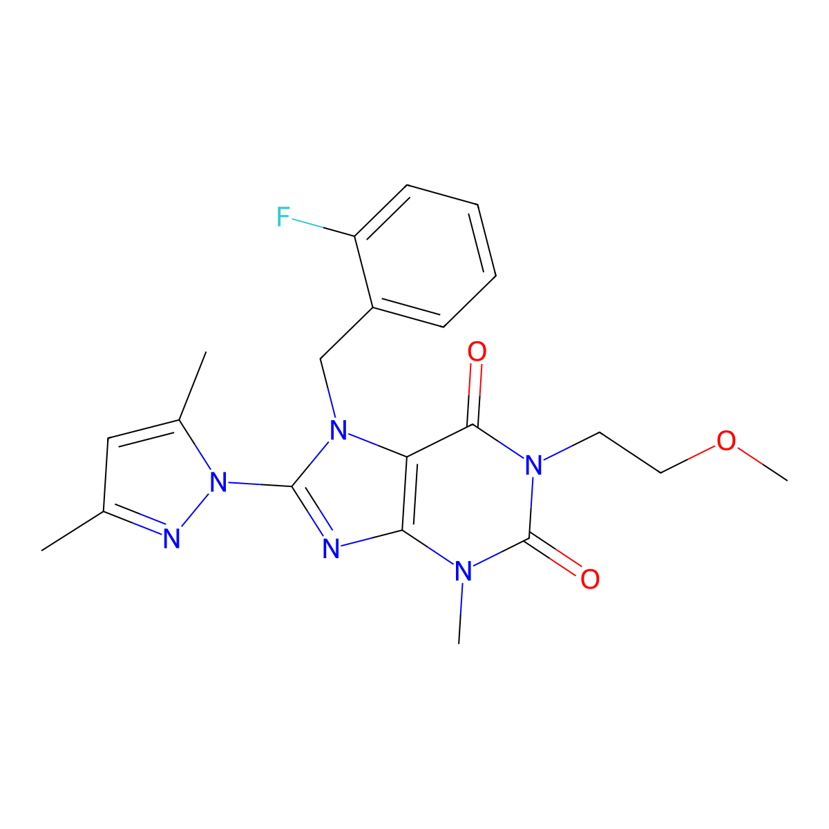 8-(3,5-dimethyl-1H-pyrazol-1-yl)-7-(2-fluorobenzyl)-1-(2-methoxyethyl)-3-methyl-1H-purine-2,6(3H,7H)-dione molecular structure, CAS 1019102-27-2