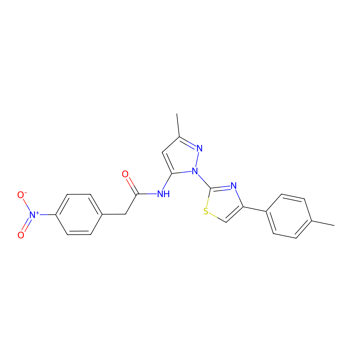 N-(3-methyl-1-(4-(p-tolyl)thiazol-2-yl)-1H-pyrazol-5-yl)-2-(4-nitrophenyl)acetamide molecular structure, CAS 1019102-28-3