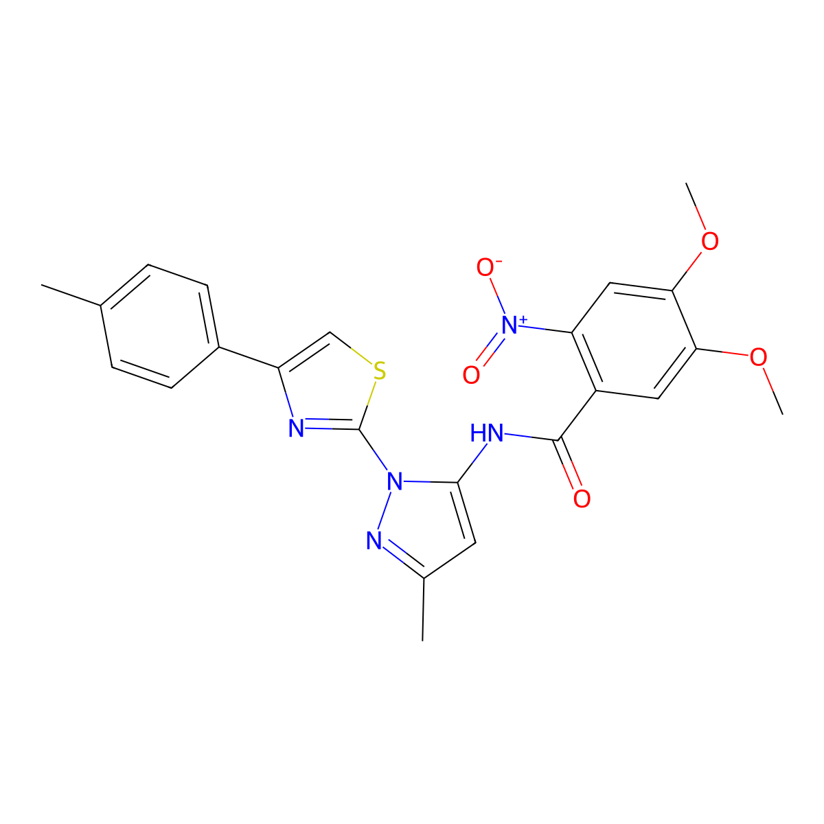 4,5-dimethoxy-N-(3-methyl-1-(4-(p-tolyl)thiazol-2-yl)-1H-pyrazol-5-yl)-2-nitrobenzamide molecular structure, CAS 1019102-30-7