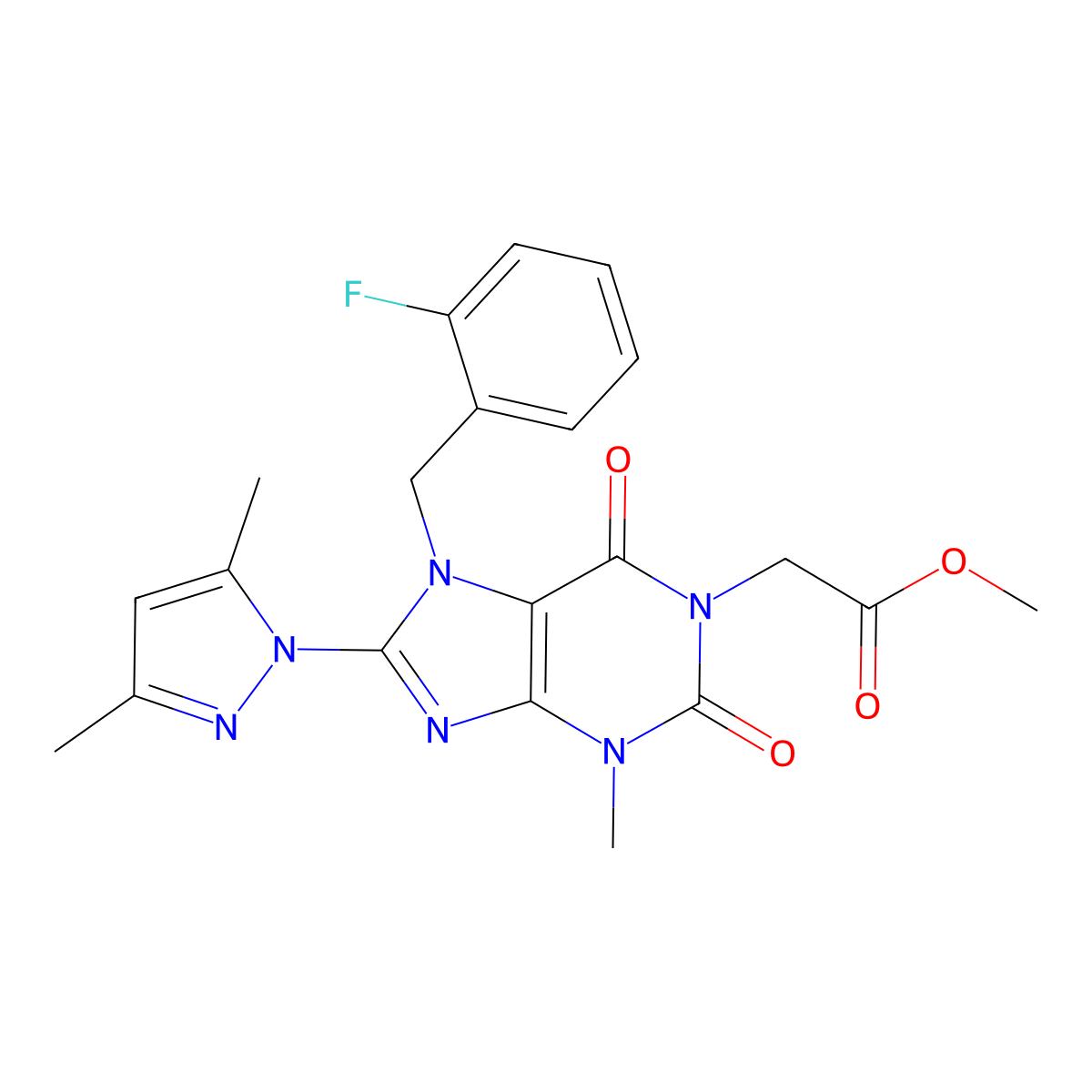 methyl [8-(3,5-dimethyl-1H-pyrazol-1-yl)-7-(2-fluorobenzyl)-3-methyl-2,6-dioxo-2,3,6,7-tetrahydro-1H-purin-1-yl]acetate molecular structure, CAS 1019102-32-9