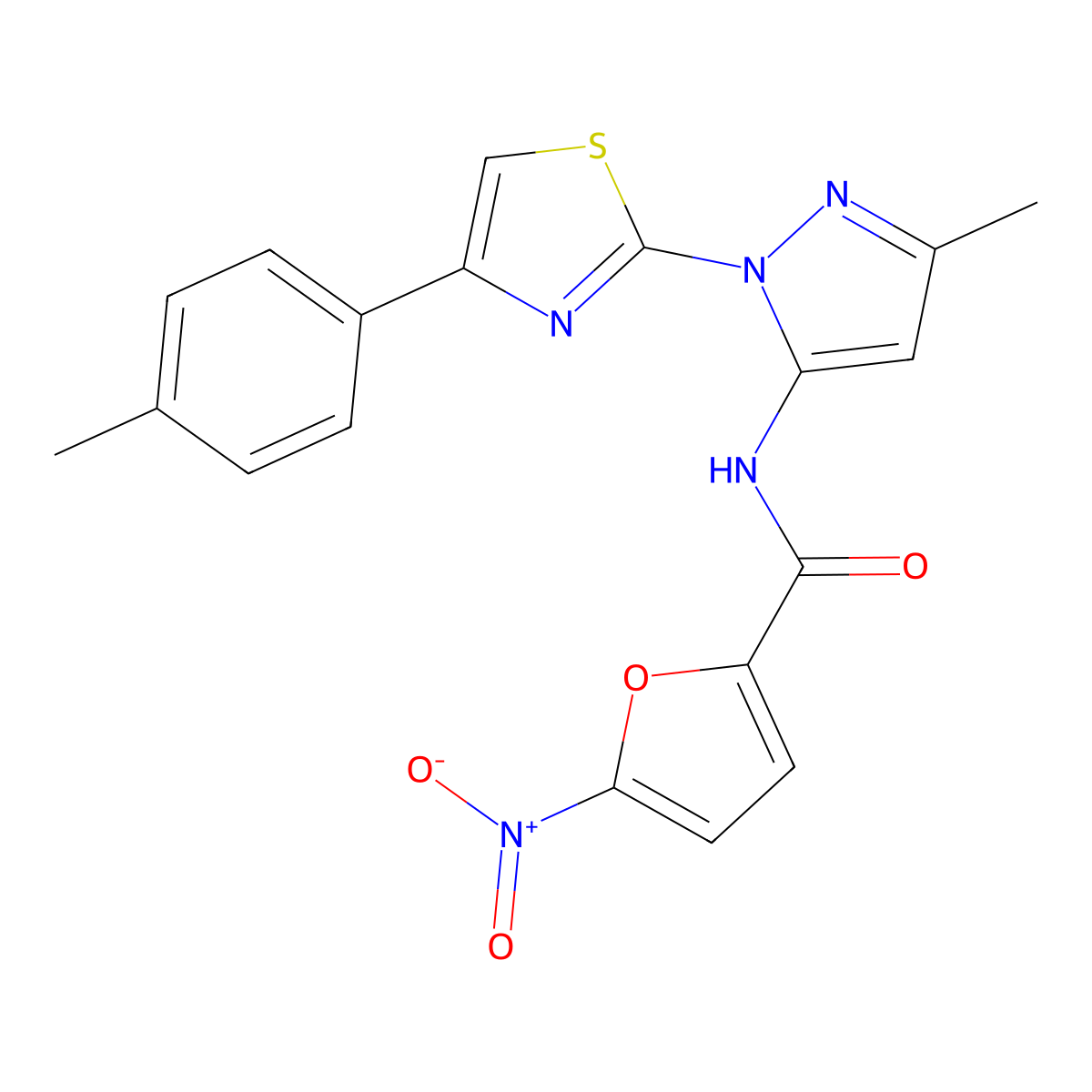 N-(3-methyl-1-(4-(p-tolyl)thiazol-2-yl)-1H-pyrazol-5-yl)-5-nitrofuran-2-carboxamide molecular structure, CAS 1019102-33-0