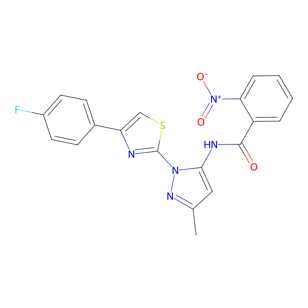 N-(1-(4-(4-fluorophenyl)thiazol-2-yl)-3-methyl-1H-pyrazol-5-yl)-2-nitrobenzamide molecular structure, CAS 1019102-35-2