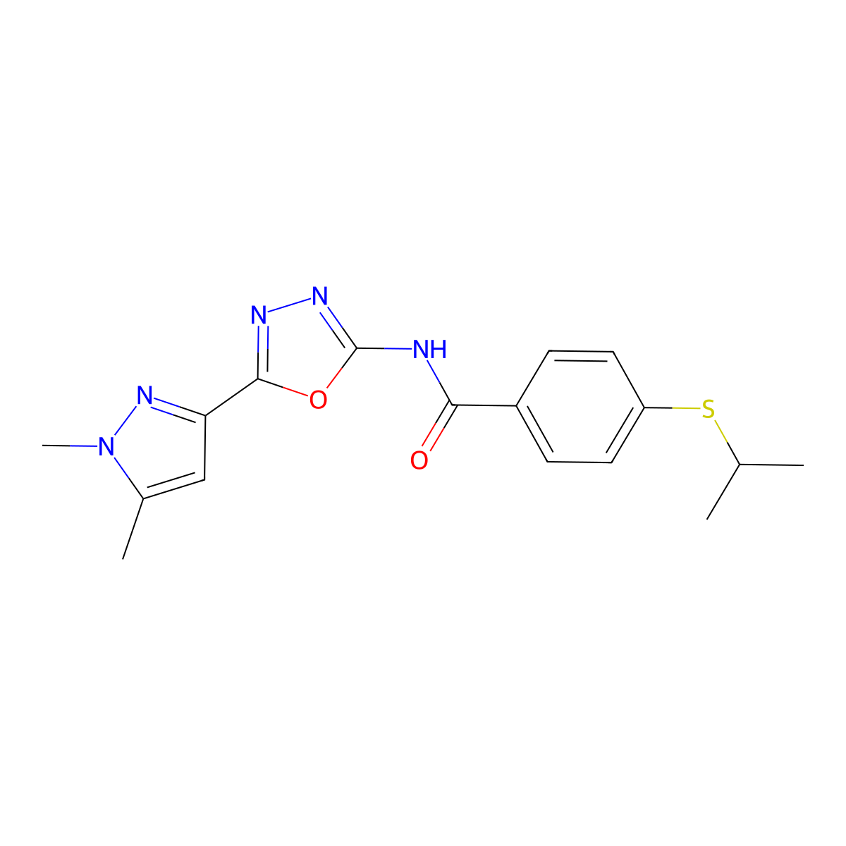 N-[5-(1,5-dimethyl-1H-pyrazol-3-yl)-1,3,4-oxadiazol-2-yl]-4-(propan-2-ylsulfanyl)benzamide molecular structure, CAS 1019102-36-3