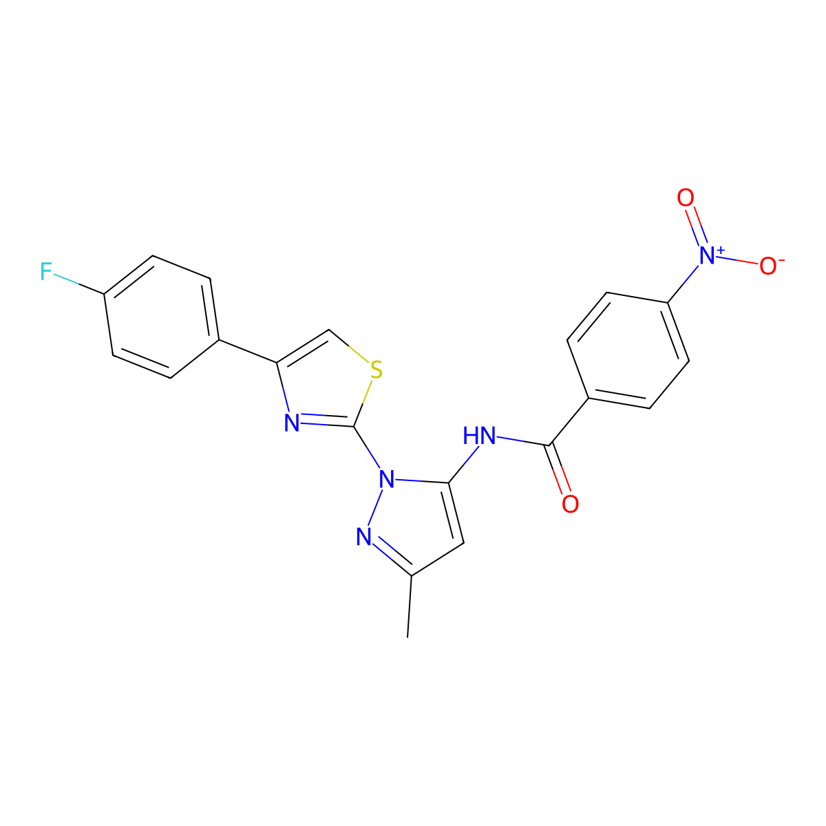 N-(1-(4-(4-fluorophenyl)thiazol-2-yl)-3-methyl-1H-pyrazol-5-yl)-4-nitrobenzamide molecular structure, CAS 1019102-37-4