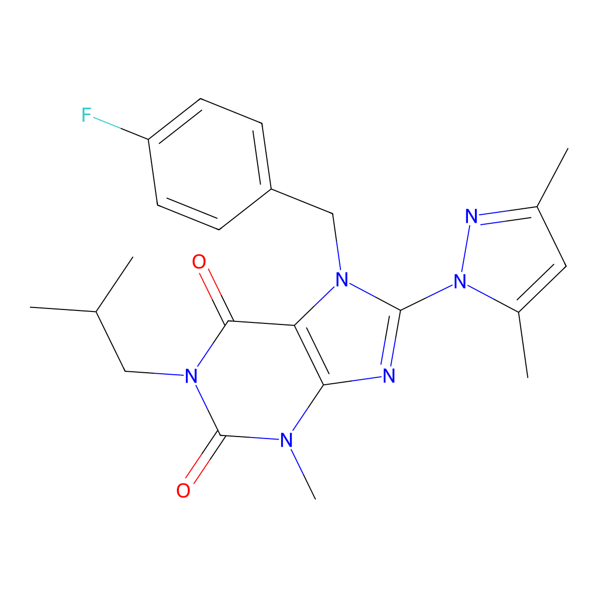 8-(3,5-dimethyl-1H-pyrazol-1-yl)-7-(4-fluorobenzyl)-1-isobutyl-3-methyl-1H-purine-2,6(3H,7H)-dione molecular structure, CAS 1019102-39-6