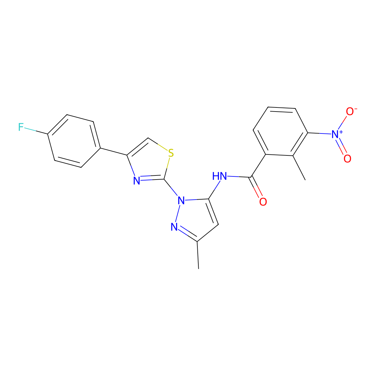 N-(1-(4-(4-fluorophenyl)thiazol-2-yl)-3-methyl-1H-pyrazol-5-yl)-2-methyl-3-nitrobenzamide molecular structure, CAS 1019102-40-9