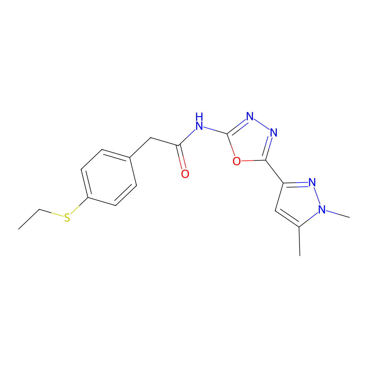 N-[5-(1,5-dimethyl-1H-pyrazol-3-yl)-1,3,4-oxadiazol-2-yl]-2-[4-(ethylsulfanyl)phenyl]acetamide molecular structure, CAS 1019102-41-0