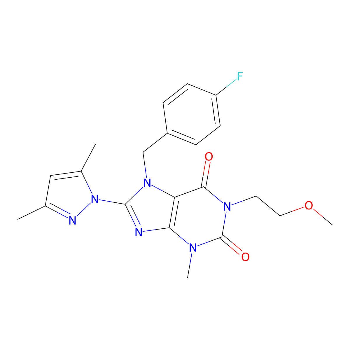 8-(3,5-dimethyl-1H-pyrazol-1-yl)-7-(4-fluorobenzyl)-1-(2-methoxyethyl)-3-methyl-1H-purine-2,6(3H,7H)-dione molecular structure, CAS 1019102-42-1