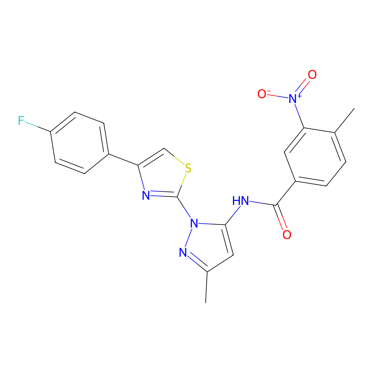 N-(1-(4-(4-fluorophenyl)thiazol-2-yl)-3-methyl-1H-pyrazol-5-yl)-4-methyl-3-nitrobenzamide molecular structure, CAS 1019102-43-2