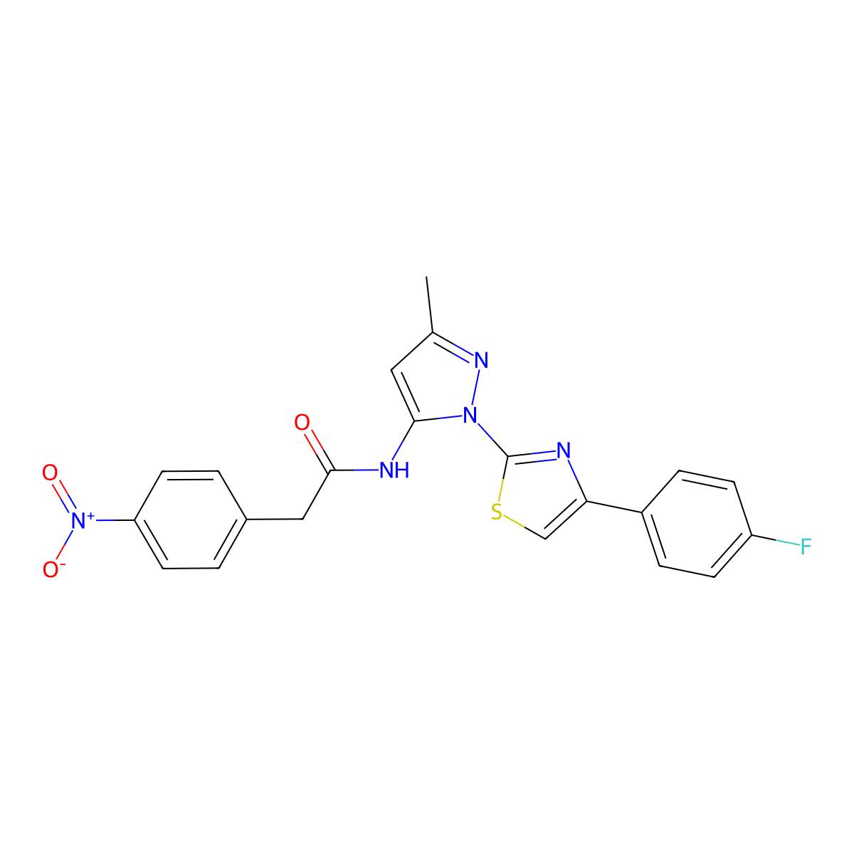 N-(1-(4-(4-fluorophenyl)thiazol-2-yl)-3-methyl-1H-pyrazol-5-yl)-2-(4-nitrophenyl)acetamide molecular structure, CAS 1019102-45-4