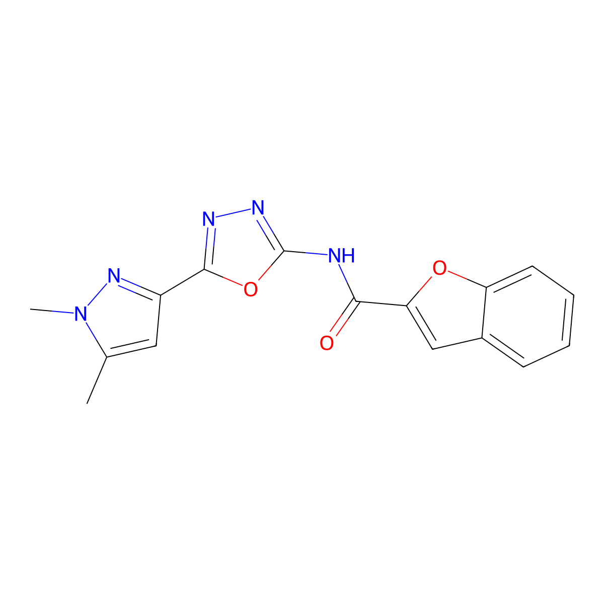 N-[5-(1,5-dimethyl-1H-pyrazol-3-yl)-1,3,4-oxadiazol-2-yl]-1-benzofuran-2-carboxamide molecular structure, CAS 1019102-46-5