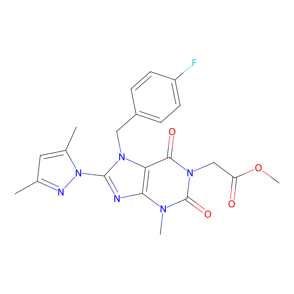 methyl 2-(8-(3,5-dimethyl-1H-pyrazol-1-yl)-7-(4-fluorobenzyl)-3-methyl-2,6-dioxo-2,3,6,7-tetrahydro-1H-purin-1-yl)acetate molecular structure, CAS 1019102-47-6