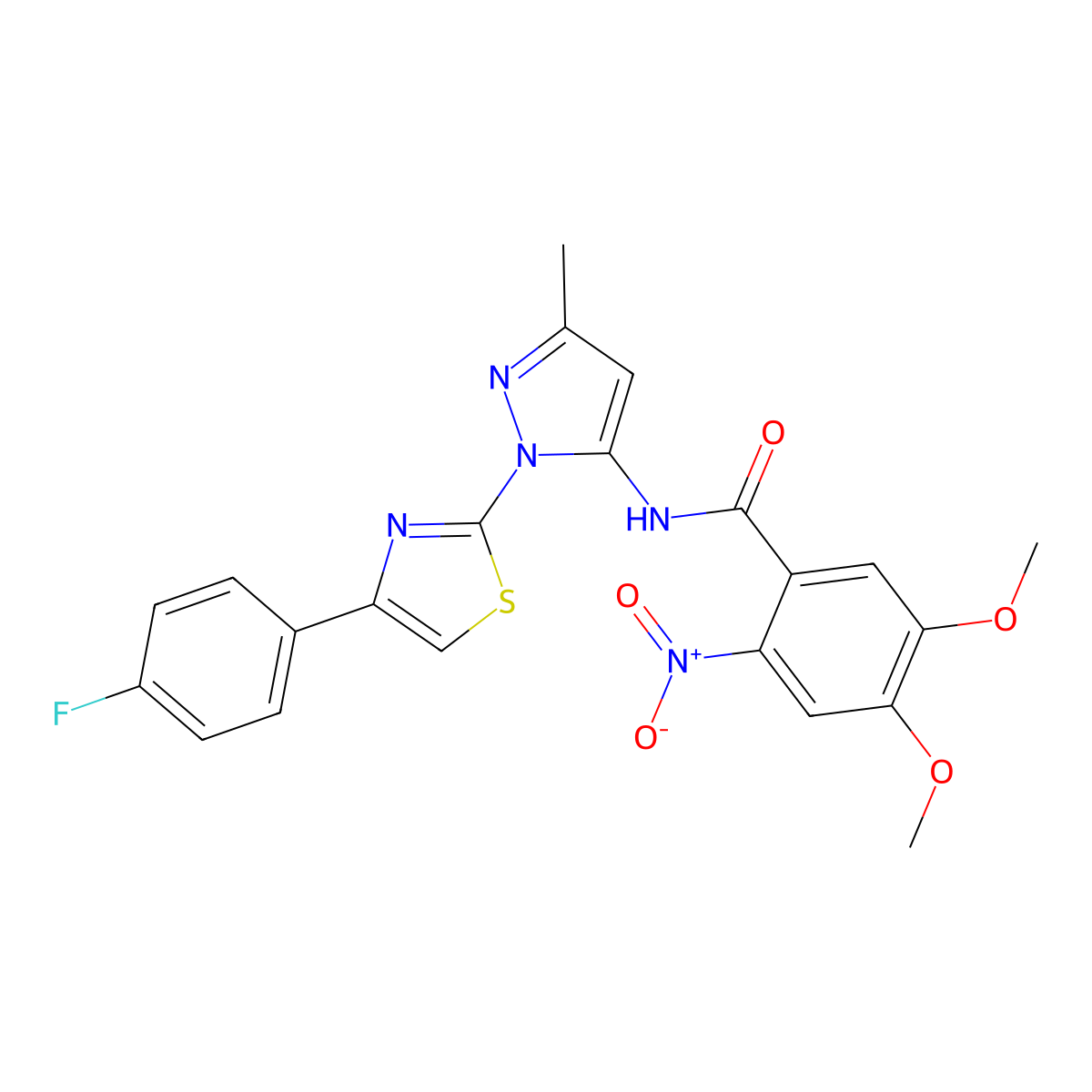 N-(1-(4-(4-fluorophenyl)thiazol-2-yl)-3-methyl-1H-pyrazol-5-yl)-4,5-dimethoxy-2-nitrobenzamide molecular structure, CAS 1019102-48-7