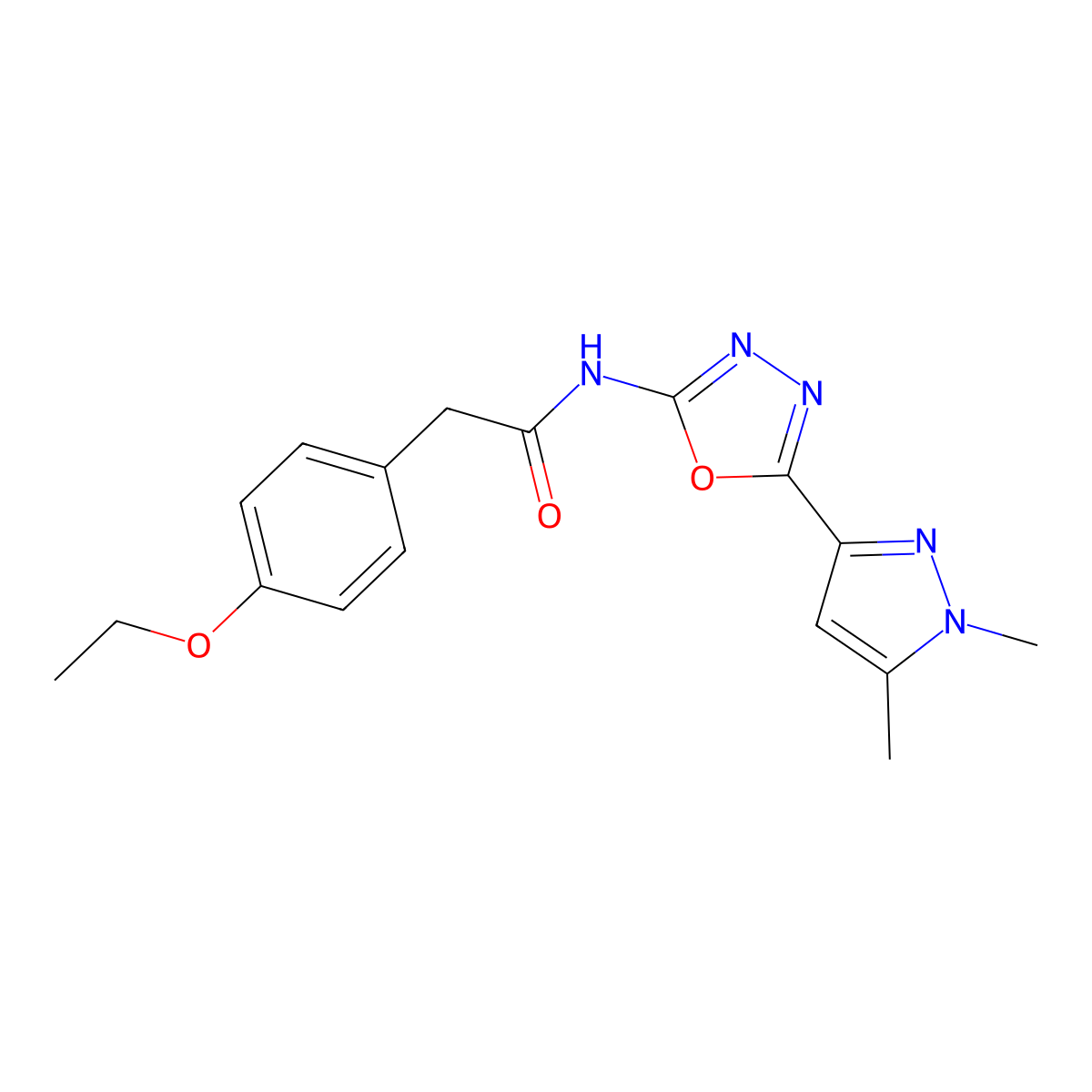 N-[5-(1,5-dimethyl-1H-pyrazol-3-yl)-1,3,4-oxadiazol-2-yl]-2-(4-ethoxyphenyl)acetamide molecular structure, CAS 1019102-52-3