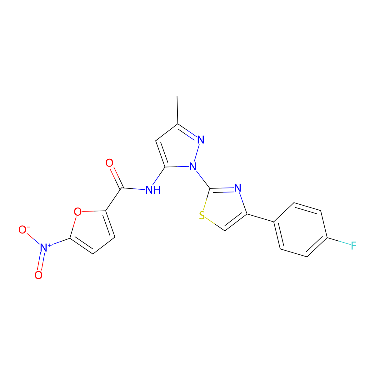 N-(1-(4-(4-fluorophenyl)thiazol-2-yl)-3-methyl-1H-pyrazol-5-yl)-5-nitrofuran-2-carboxamide molecular structure, CAS 1019102-53-4