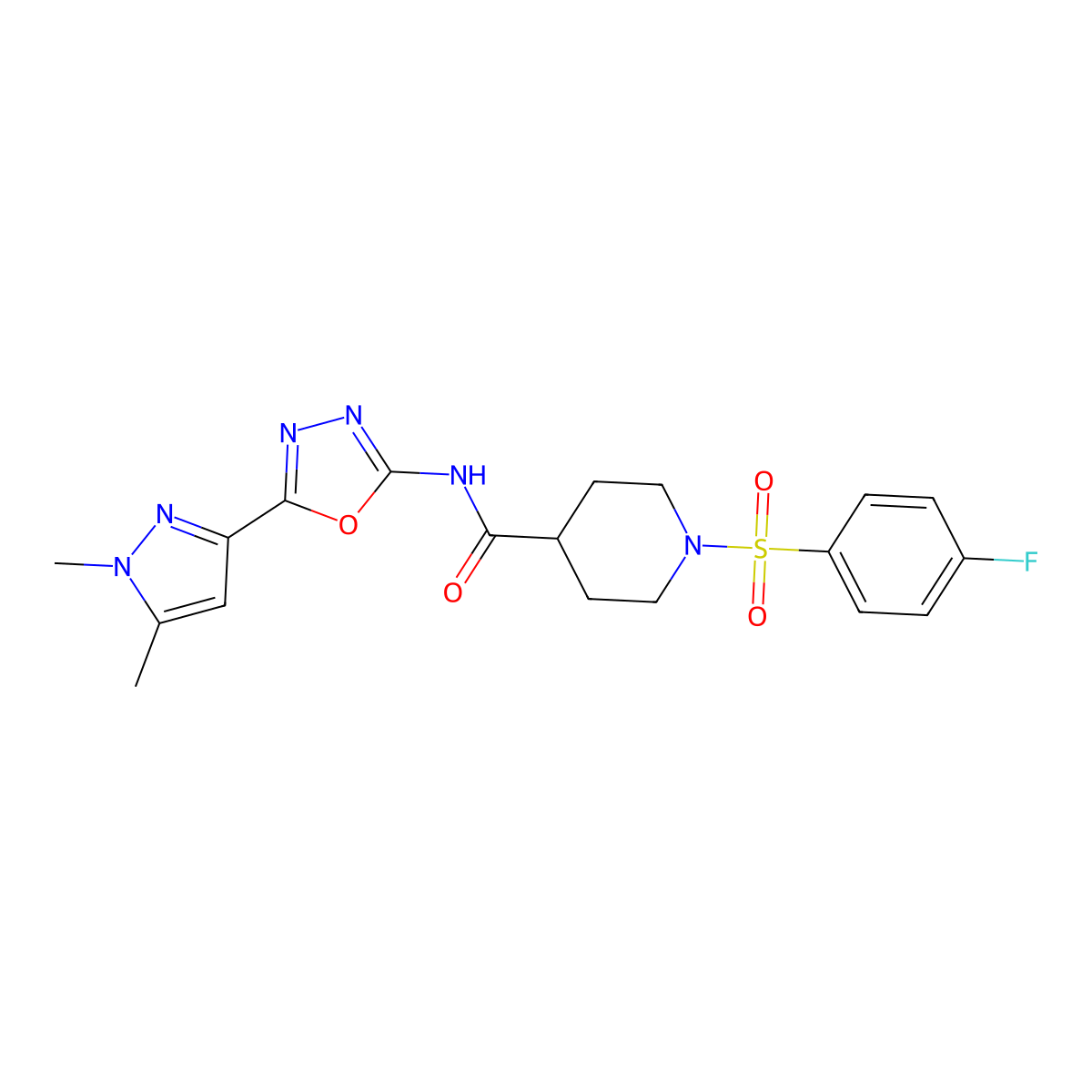 N-[5-(1,5-dimethyl-1H-pyrazol-3-yl)-1,3,4-oxadiazol-2-yl]-1-(4-fluorobenzenesulfonyl)piperidine-4-carboxamide molecular structure, CAS 1019102-54-5