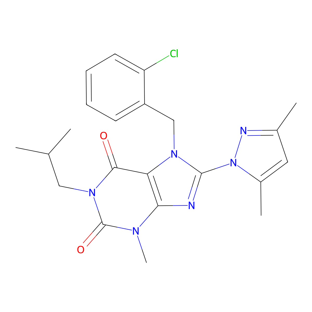 7-(2-chlorobenzyl)-8-(3,5-dimethyl-1H-pyrazol-1-yl)-1-isobutyl-3-methyl-1H-purine-2,6(3H,7H)-dione molecular structure, CAS 1019102-55-6