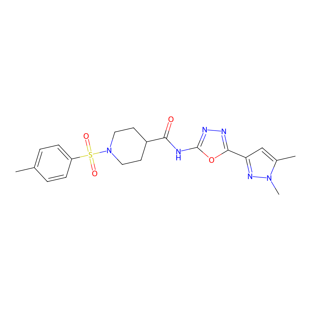 N-[5-(1,5-dimethyl-1H-pyrazol-3-yl)-1,3,4-oxadiazol-2-yl]-1-(4-methylbenzenesulfonyl)piperidine-4-carboxamide molecular structure, CAS 1019102-57-8