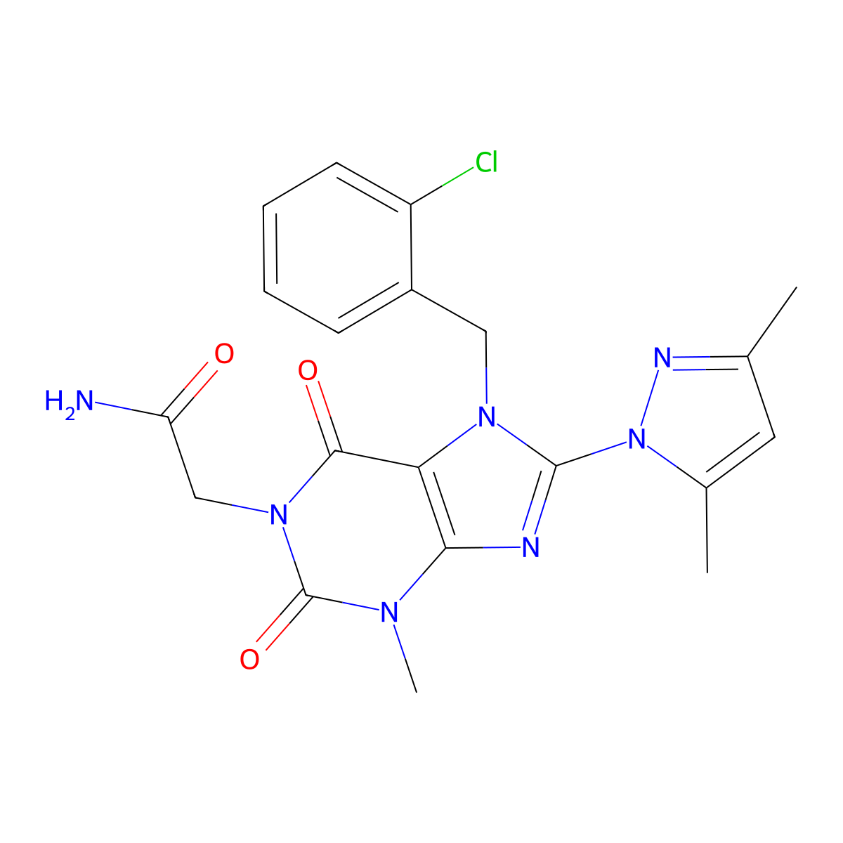 2-(7-(2-chlorobenzyl)-8-(3,5-dimethyl-1H-pyrazol-1-yl)-3-methyl-2,6-dioxo-2,3,6,7-tetrahydro-1H-purin-1-yl)acetamide molecular structure, CAS 1019102-58-9