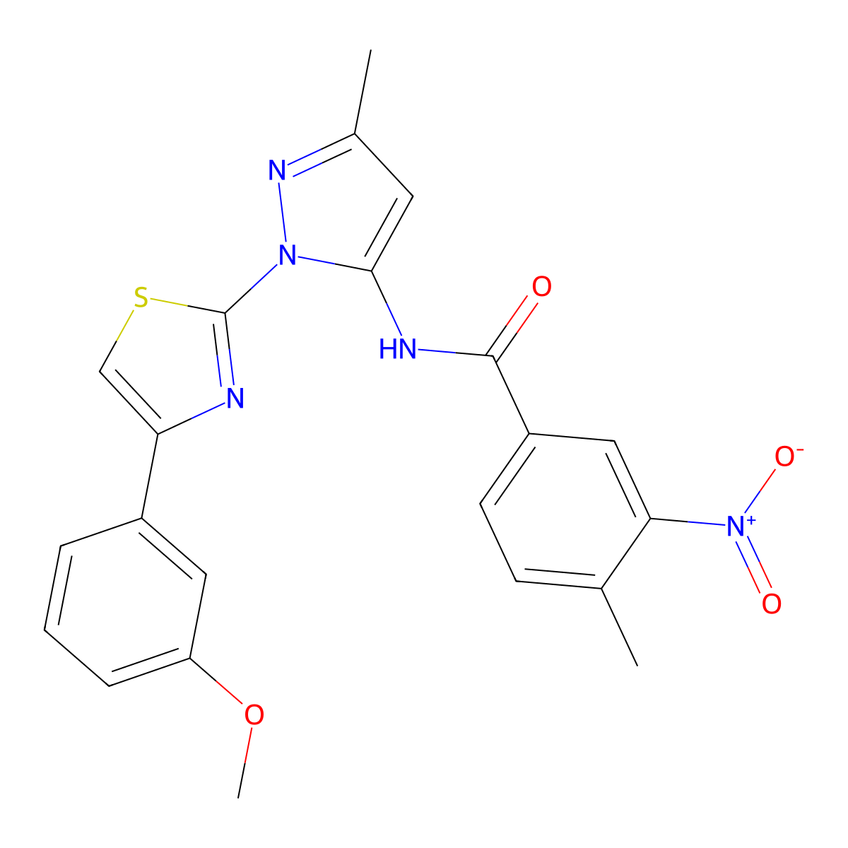 N-(1-(4-(3-methoxyphenyl)thiazol-2-yl)-3-methyl-1H-pyrazol-5-yl)-4-methyl-3-nitrobenzamide molecular structure, CAS 1019102-59-0