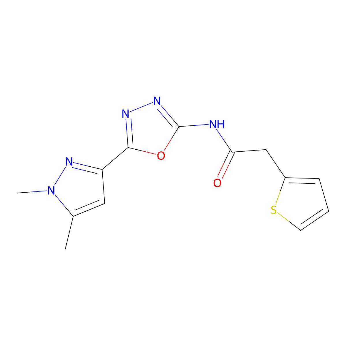 N-[5-(1,5-dimethyl-1H-pyrazol-3-yl)-1,3,4-oxadiazol-2-yl]-2-(thiophen-2-yl)acetamide molecular structure, CAS 1019102-62-5