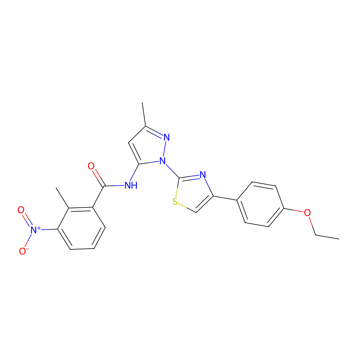 N-(1-(4-(4-ethoxyphenyl)thiazol-2-yl)-3-methyl-1H-pyrazol-5-yl)-2-methyl-3-nitrobenzamide molecular structure, CAS 1019102-64-7