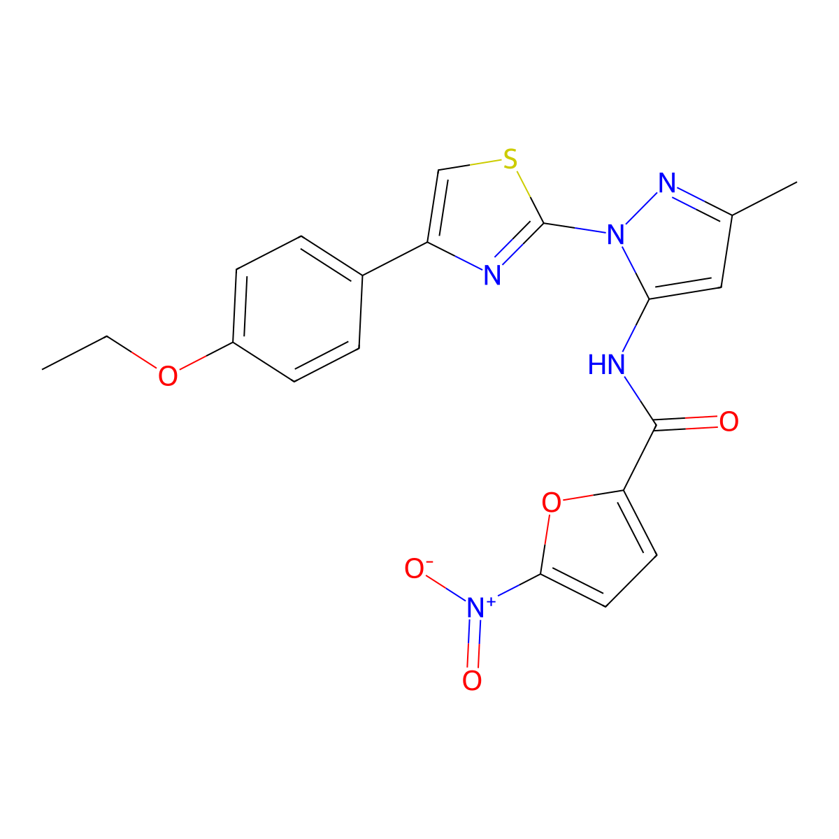 N-(1-(4-(4-ethoxyphenyl)thiazol-2-yl)-3-methyl-1H-pyrazol-5-yl)-5-nitrofuran-2-carboxamide molecular structure, CAS 1019102-67-0