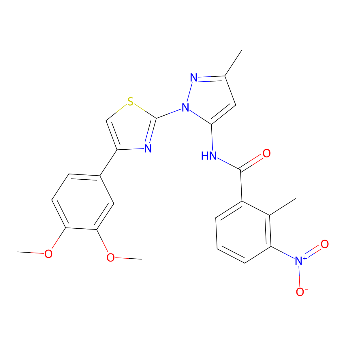 N-(1-(4-(3,4-dimethoxyphenyl)thiazol-2-yl)-3-methyl-1H-pyrazol-5-yl)-2-methyl-3-nitrobenzamide molecular structure, CAS 1019102-68-1