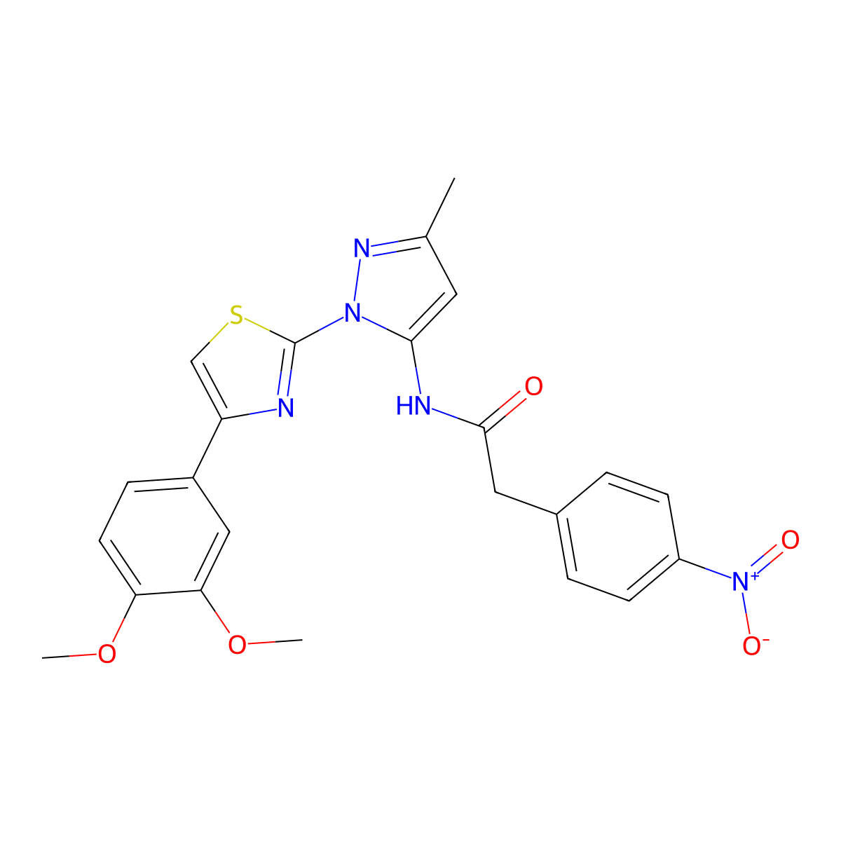 N-(1-(4-(3,4-dimethoxyphenyl)thiazol-2-yl)-3-methyl-1H-pyrazol-5-yl)-2-(4-nitrophenyl)acetamide molecular structure, CAS 1019102-70-5