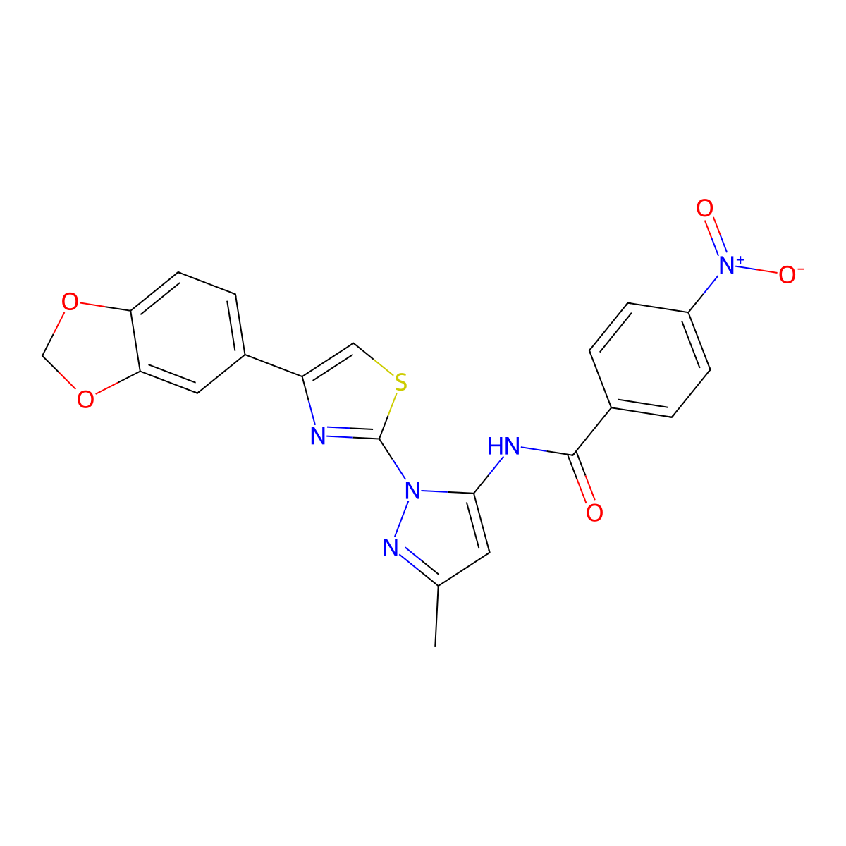 N-(1-(4-(benzo[d][1,3]dioxol-5-yl)thiazol-2-yl)-3-methyl-1H-pyrazol-5-yl)-4-nitrobenzamide molecular structure, CAS 1019102-71-6