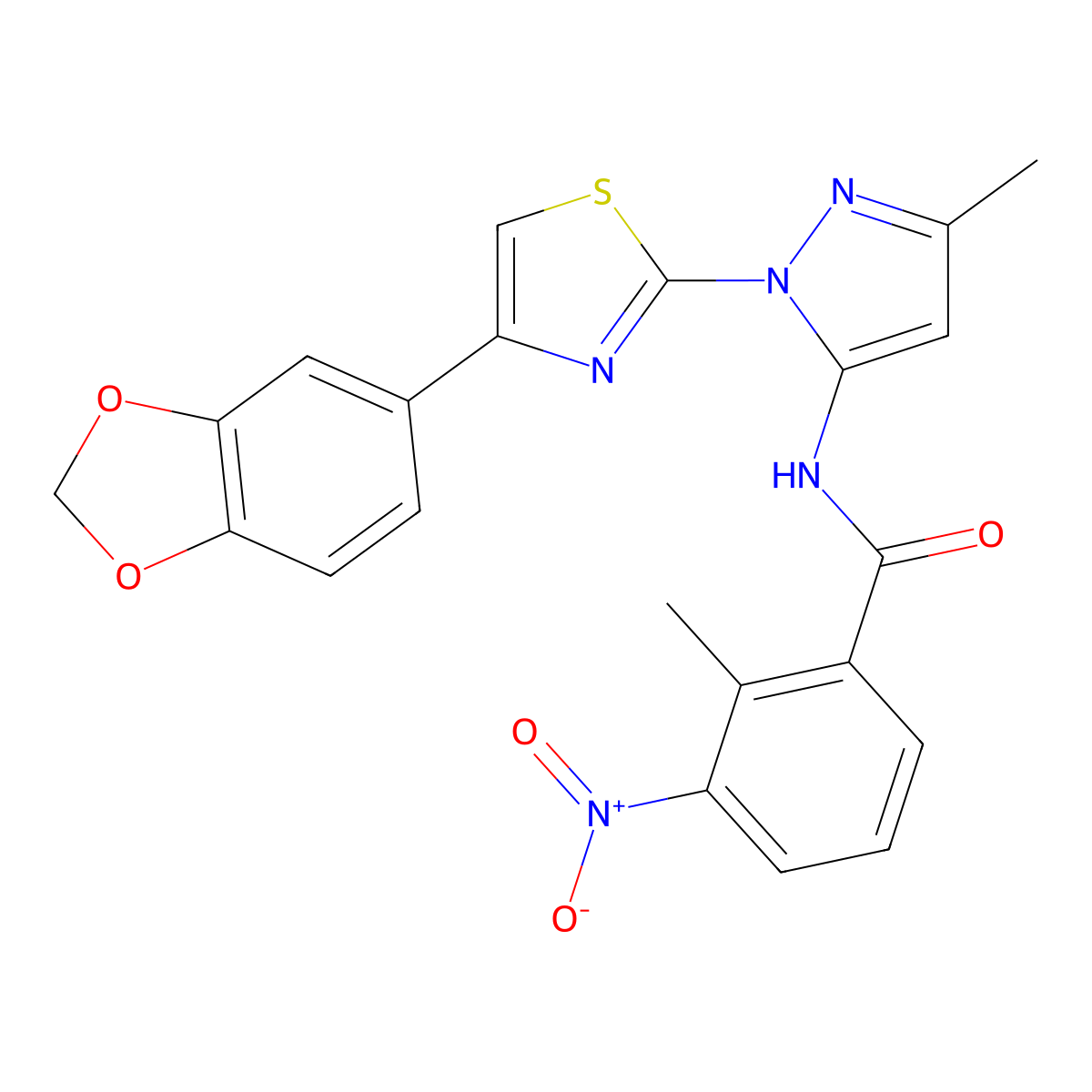 N-(1-(4-(benzo[d][1,3]dioxol-5-yl)thiazol-2-yl)-3-methyl-1H-pyrazol-5-yl)-2-methyl-3-nitrobenzamide molecular structure, CAS 1019102-72-7