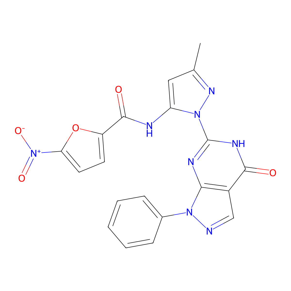 N-(3-methyl-1-(4-oxo-1-phenyl-4,5-dihydro-1H-pyrazolo[3,4-d]pyrimidin-6-yl)-1H-pyrazol-5-yl)-5-nitrofuran-2-carboxamide molecular structure, CAS 1019102-73-8