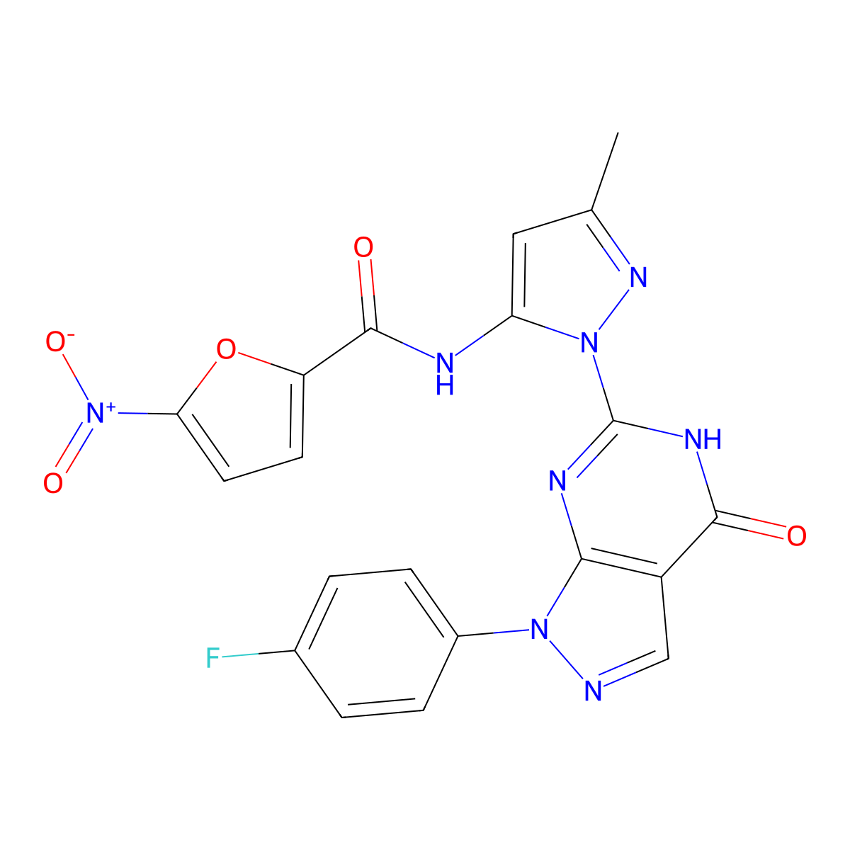 N-(1-(1-(4-fluorophenyl)-4-oxo-4,5-dihydro-1H-pyrazolo[3,4-d]pyrimidin-6-yl)-3-methyl-1H-pyrazol-5-yl)-5-nitrofuran-2-carboxamide molecular structure, CAS 1019102-74-9