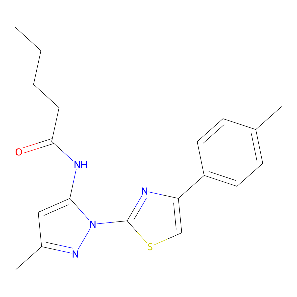 N-(3-methyl-1-(4-(p-tolyl)thiazol-2-yl)-1H-pyrazol-5-yl)pentanamide molecular structure, CAS 1019102-77-2