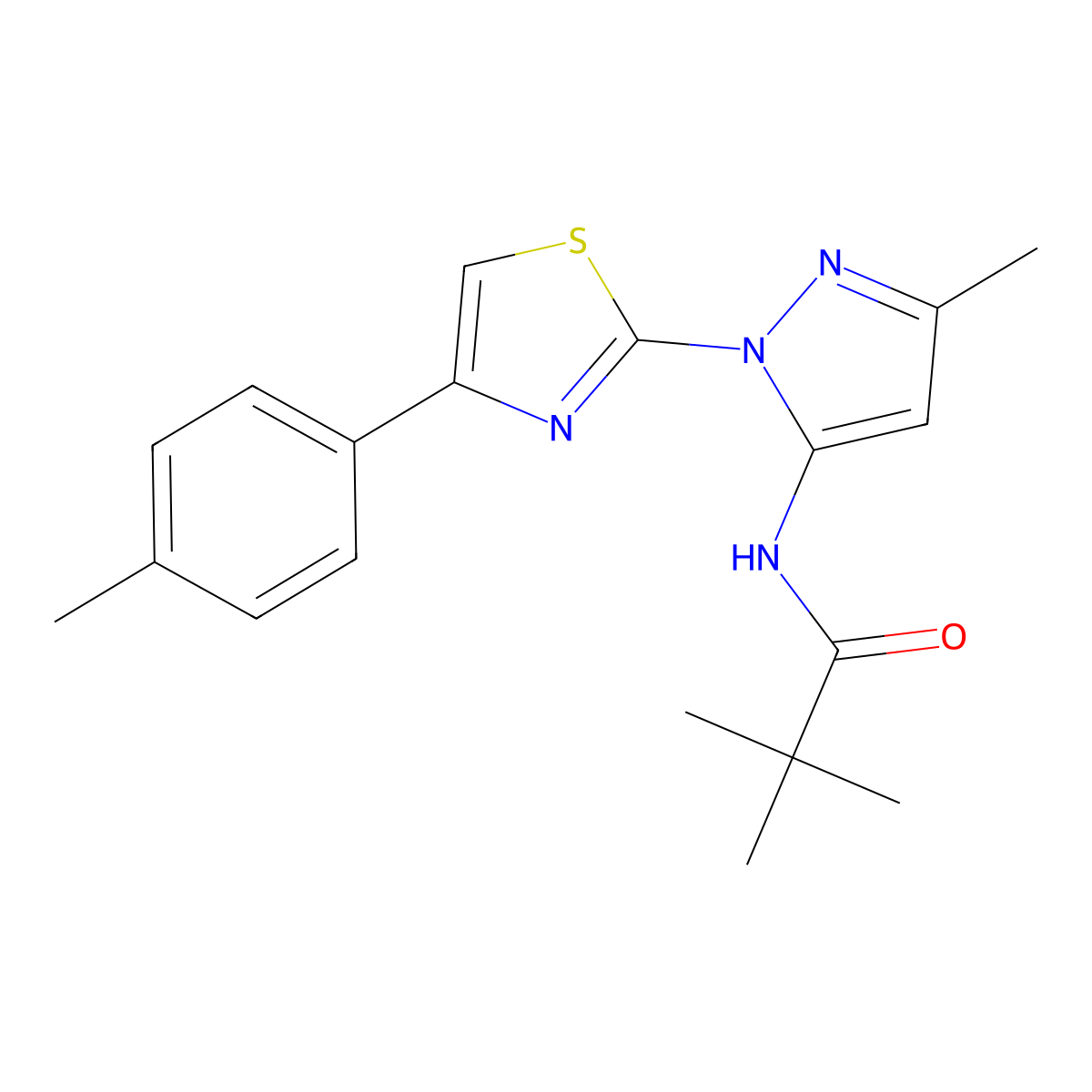 N-(3-methyl-1-(4-(p-tolyl)thiazol-2-yl)-1H-pyrazol-5-yl)pivalamide molecular structure, CAS 1019102-79-4