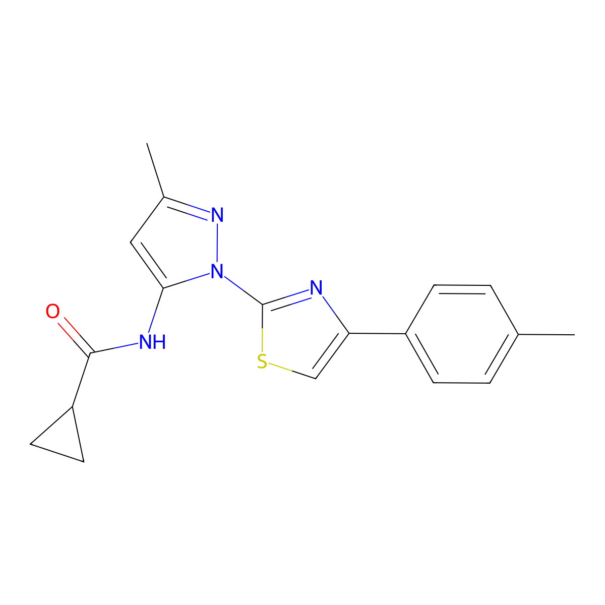 N-{3-methyl-1-[4-(4-methylphenyl)-1,3-thiazol-2-yl]-1H-pyrazol-5-yl}cyclopropanecarboxamide molecular structure, CAS 1019102-85-2