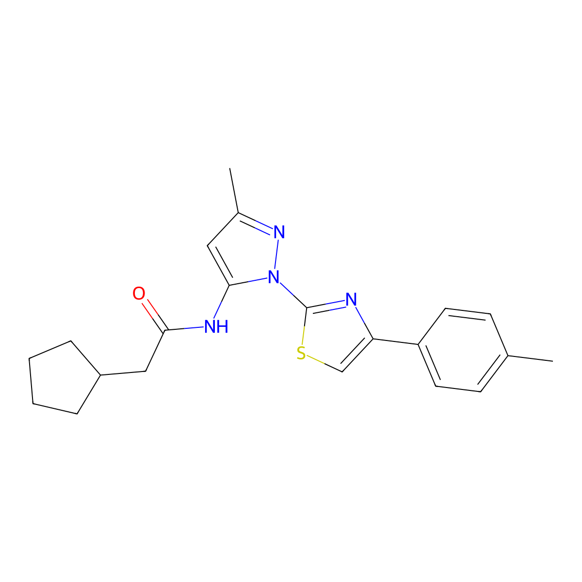 2-cyclopentyl-N-(3-methyl-1-(4-(p-tolyl)thiazol-2-yl)-1H-pyrazol-5-yl)acetamide molecular structure, CAS 1019102-87-4
