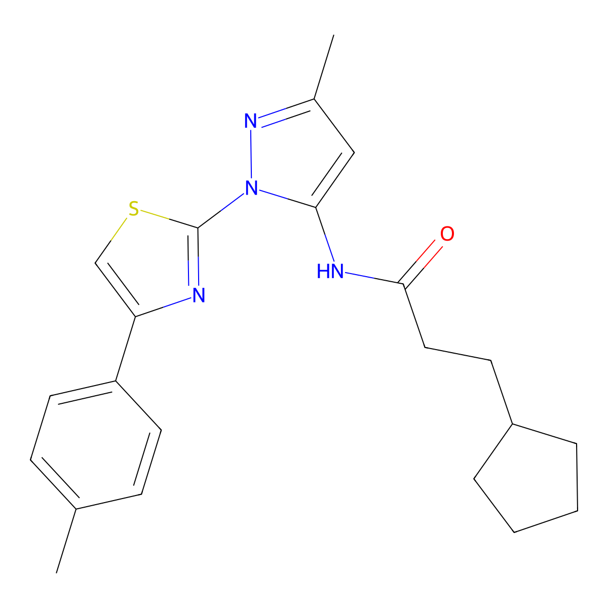 3-cyclopentyl-N-(3-methyl-1-(4-(p-tolyl)thiazol-2-yl)-1H-pyrazol-5-yl)propanamide molecular structure, CAS 1019102-88-5