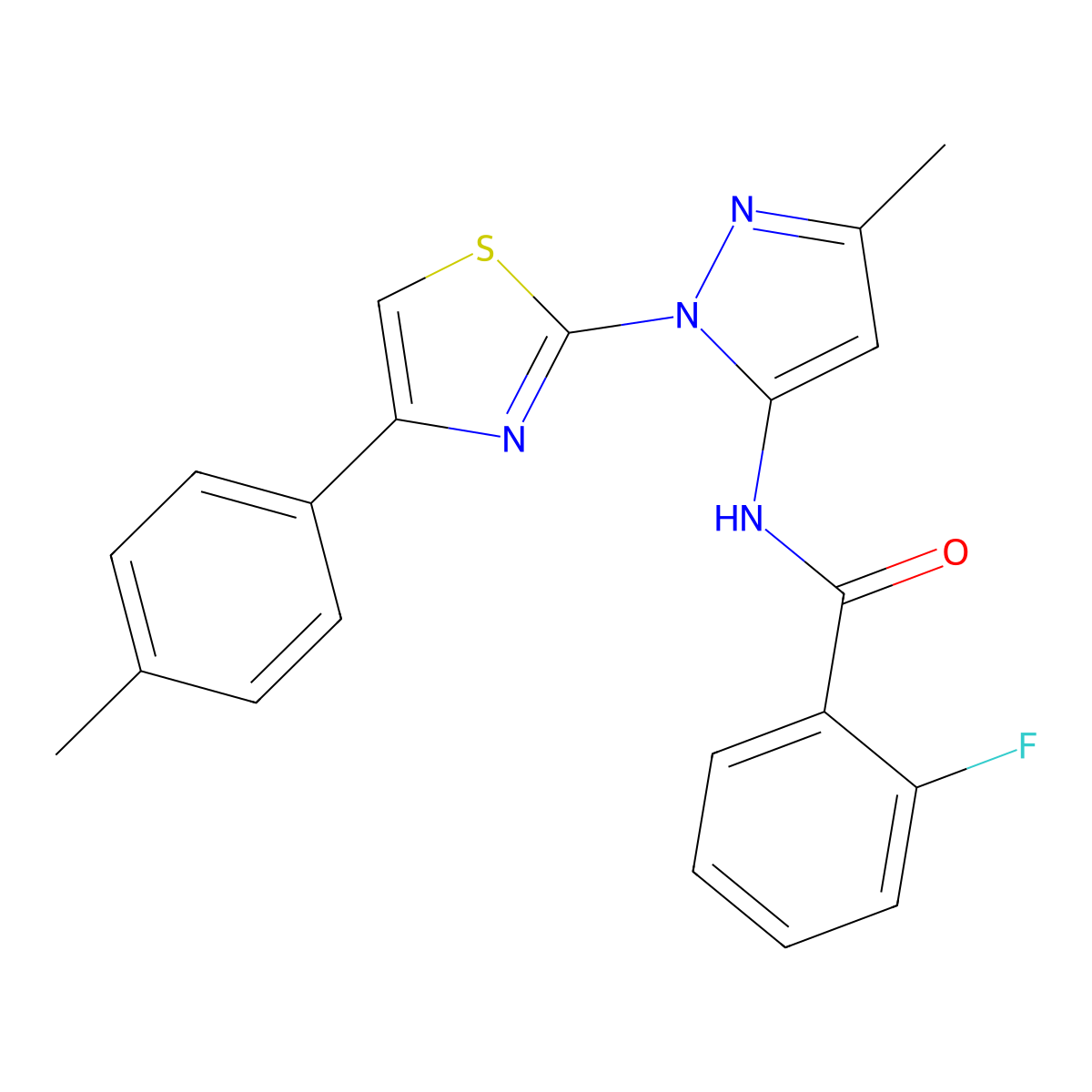 2-fluoro-N-(3-methyl-1-(4-(p-tolyl)thiazol-2-yl)-1H-pyrazol-5-yl)benzamide molecular structure, CAS 1019103-00-4