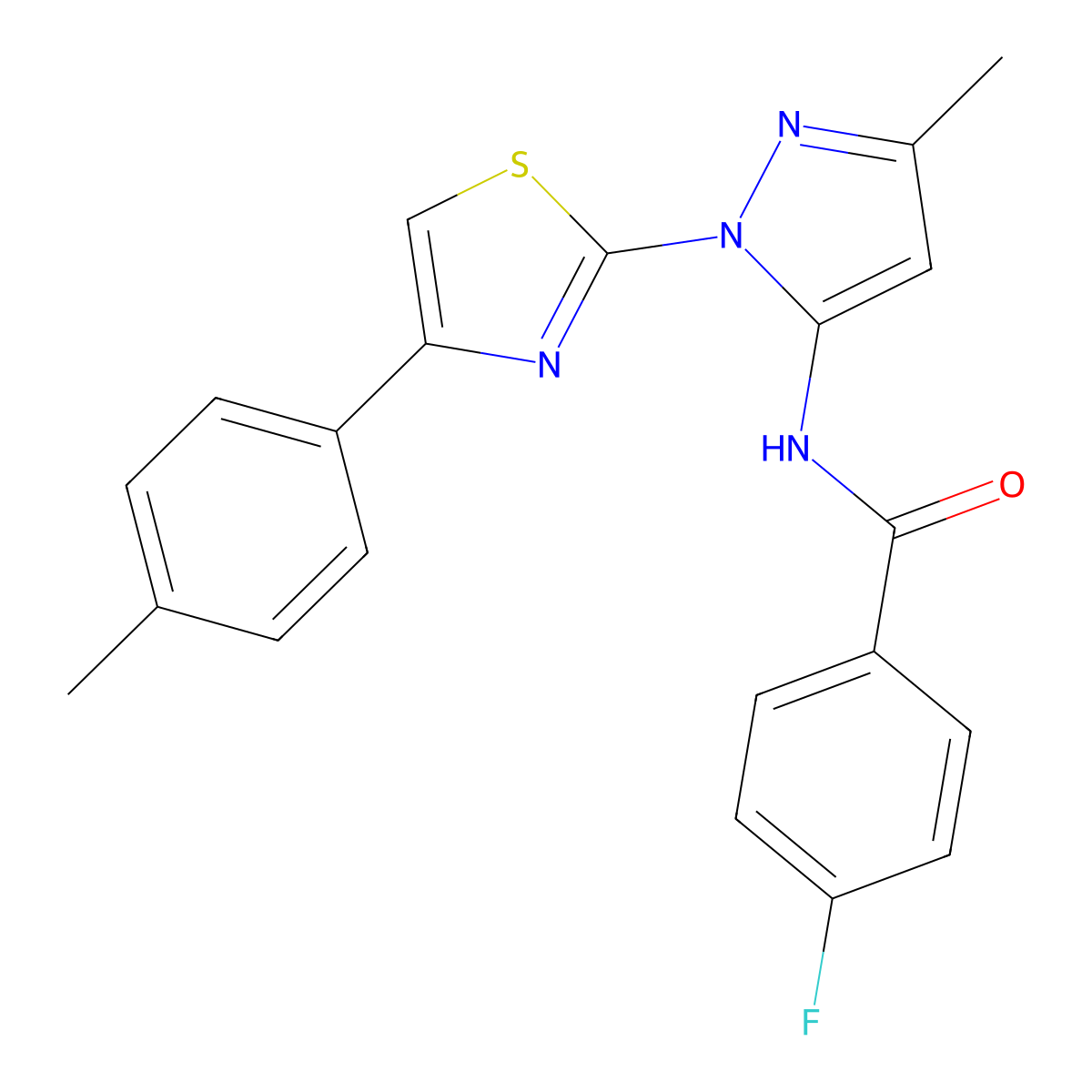 4-fluoro-N-(3-methyl-1-(4-(p-tolyl)thiazol-2-yl)-1H-pyrazol-5-yl)benzamide molecular structure, CAS 1019103-01-5