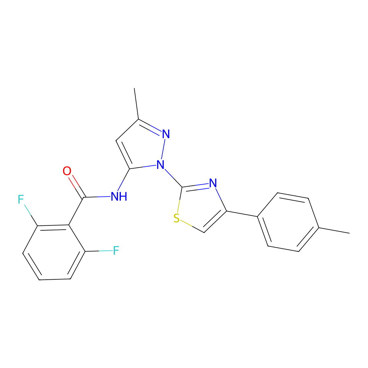 2,6-difluoro-N-(3-methyl-1-(4-(p-tolyl)thiazol-2-yl)-1H-pyrazol-5-yl)benzamide molecular structure, CAS 1019103-03-7