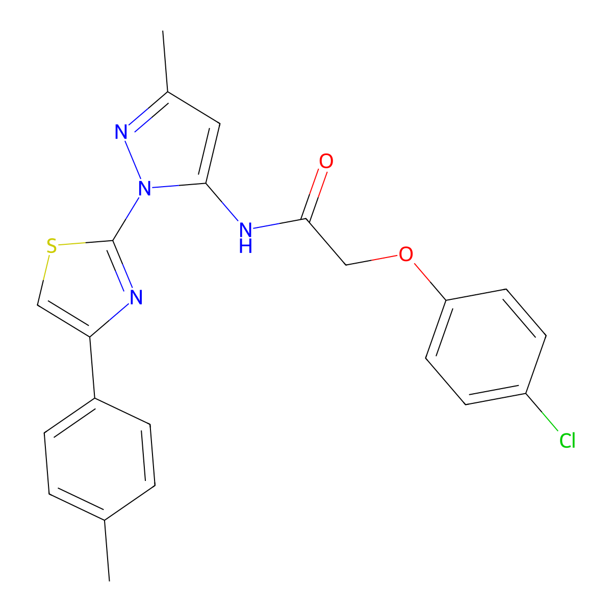 2-(4-chlorophenoxy)-N-(3-methyl-1-(4-(p-tolyl)thiazol-2-yl)-1H-pyrazol-5-yl)acetamide molecular structure, CAS 1019103-06-0