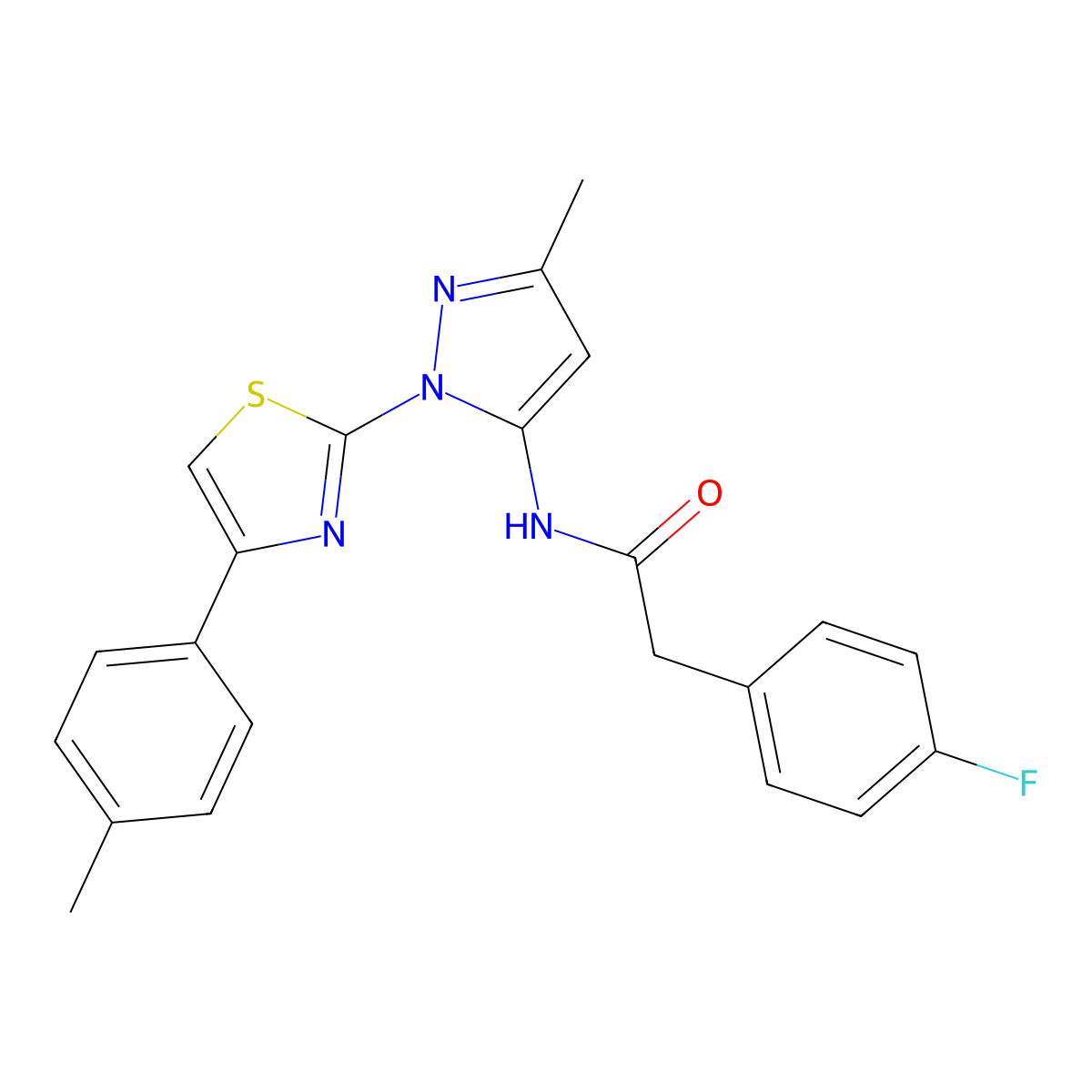 2-(4-fluorophenyl)-N-(3-methyl-1-(4-(p-tolyl)thiazol-2-yl)-1H-pyrazol-5-yl)acetamide molecular structure, CAS 1019103-13-9
