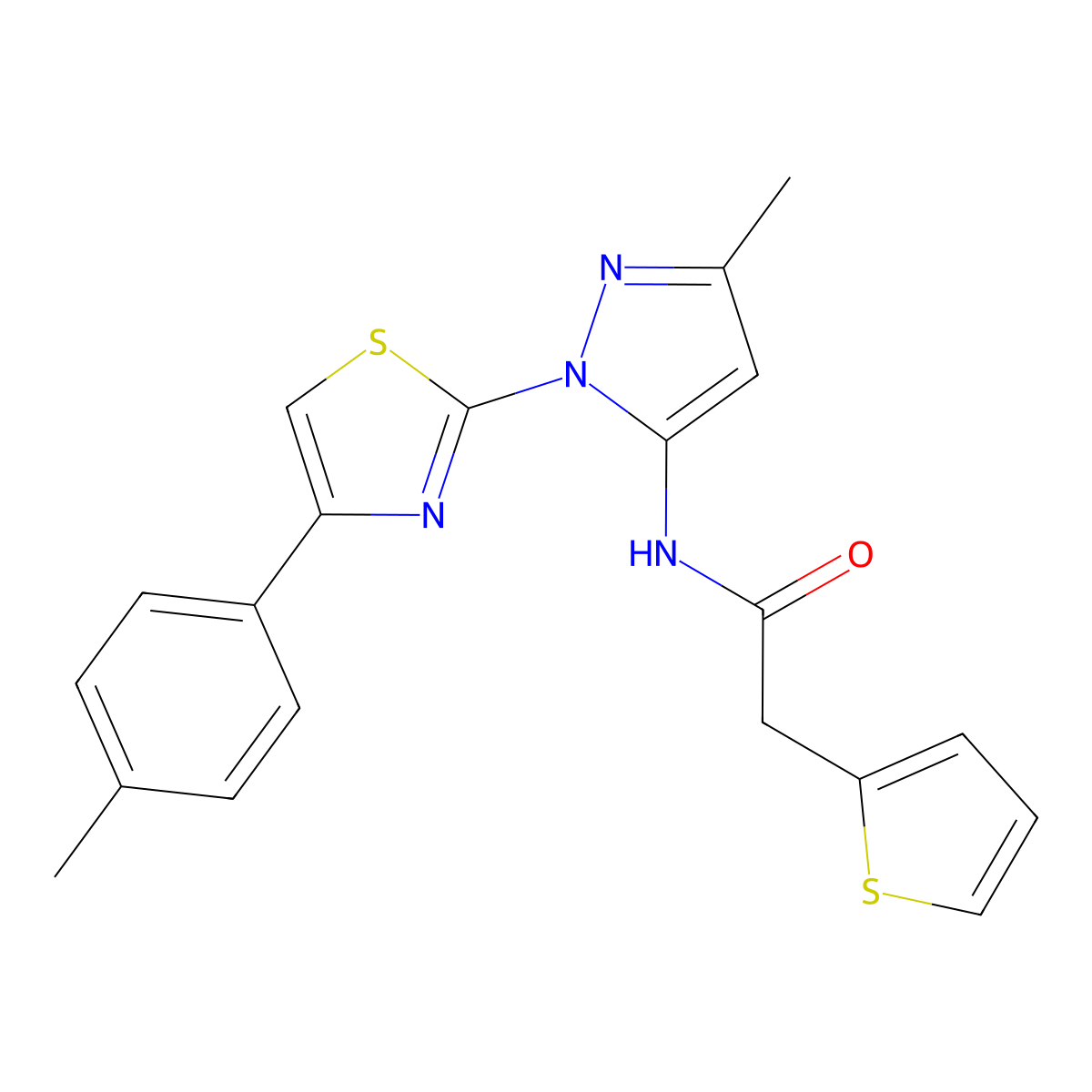 N-(3-methyl-1-(4-(p-tolyl)thiazol-2-yl)-1H-pyrazol-5-yl)-2-(thiophen-2-yl)acetamide molecular structure, CAS 1019103-16-2