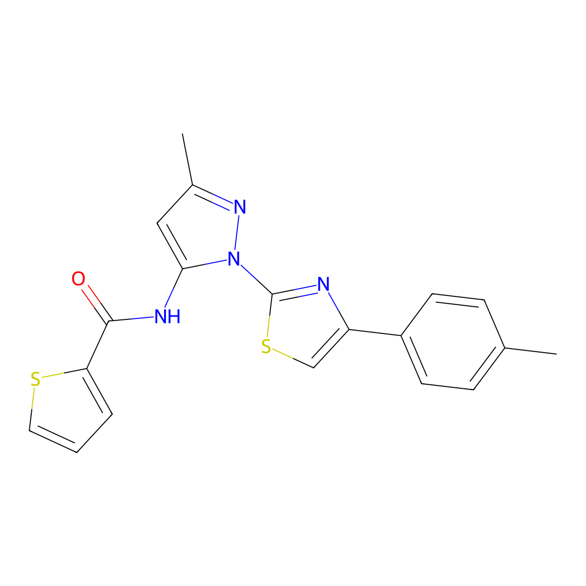 N-(3-methyl-1-(4-(p-tolyl)thiazol-2-yl)-1H-pyrazol-5-yl)thiophene-2-carboxamide molecular structure, CAS 1019103-24-2