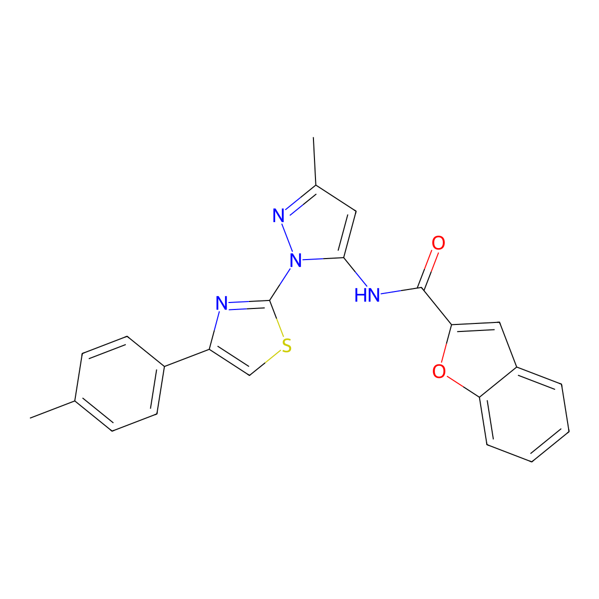 N-(3-methyl-1-(4-(p-tolyl)thiazol-2-yl)-1H-pyrazol-5-yl)benzofuran-2-carboxamide molecular structure, CAS 1019103-26-4